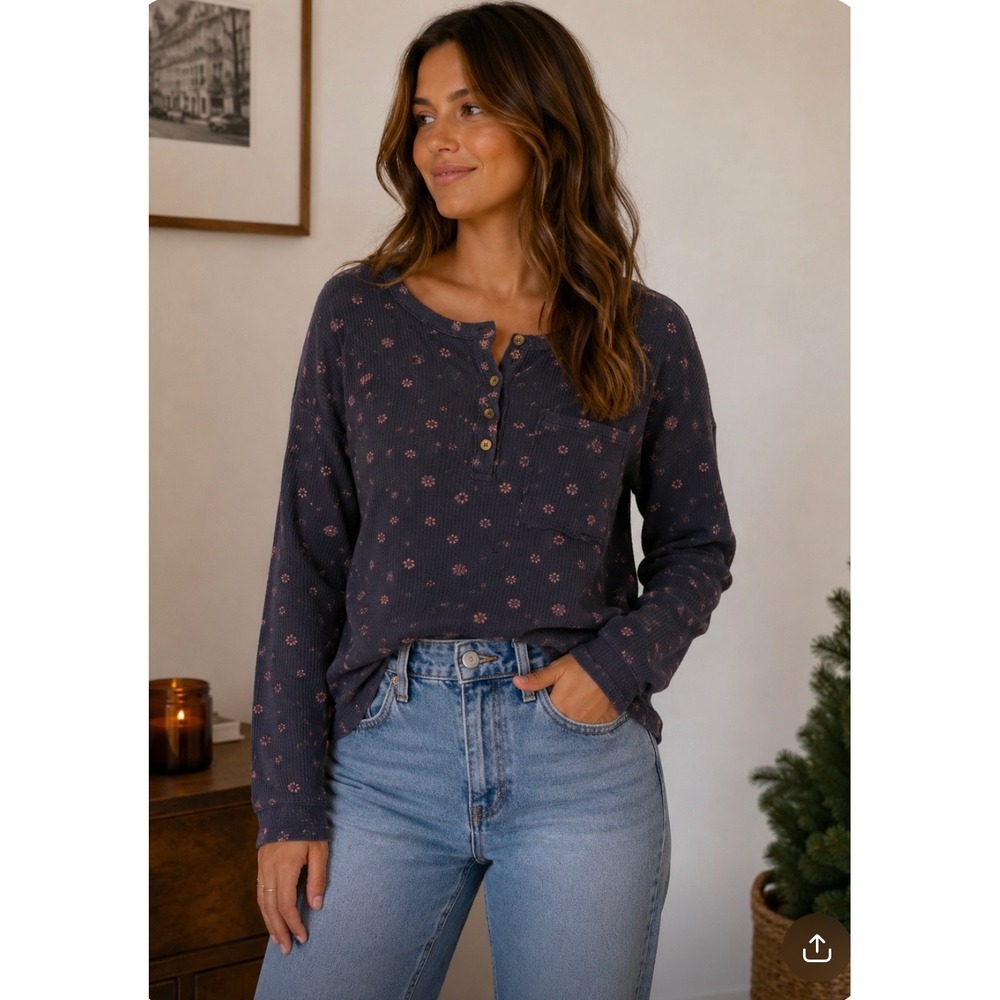Madewell Waffle Knit Henley Pajama Top Bandana Floral Night Vision Thermal small - Picture 1 of 8